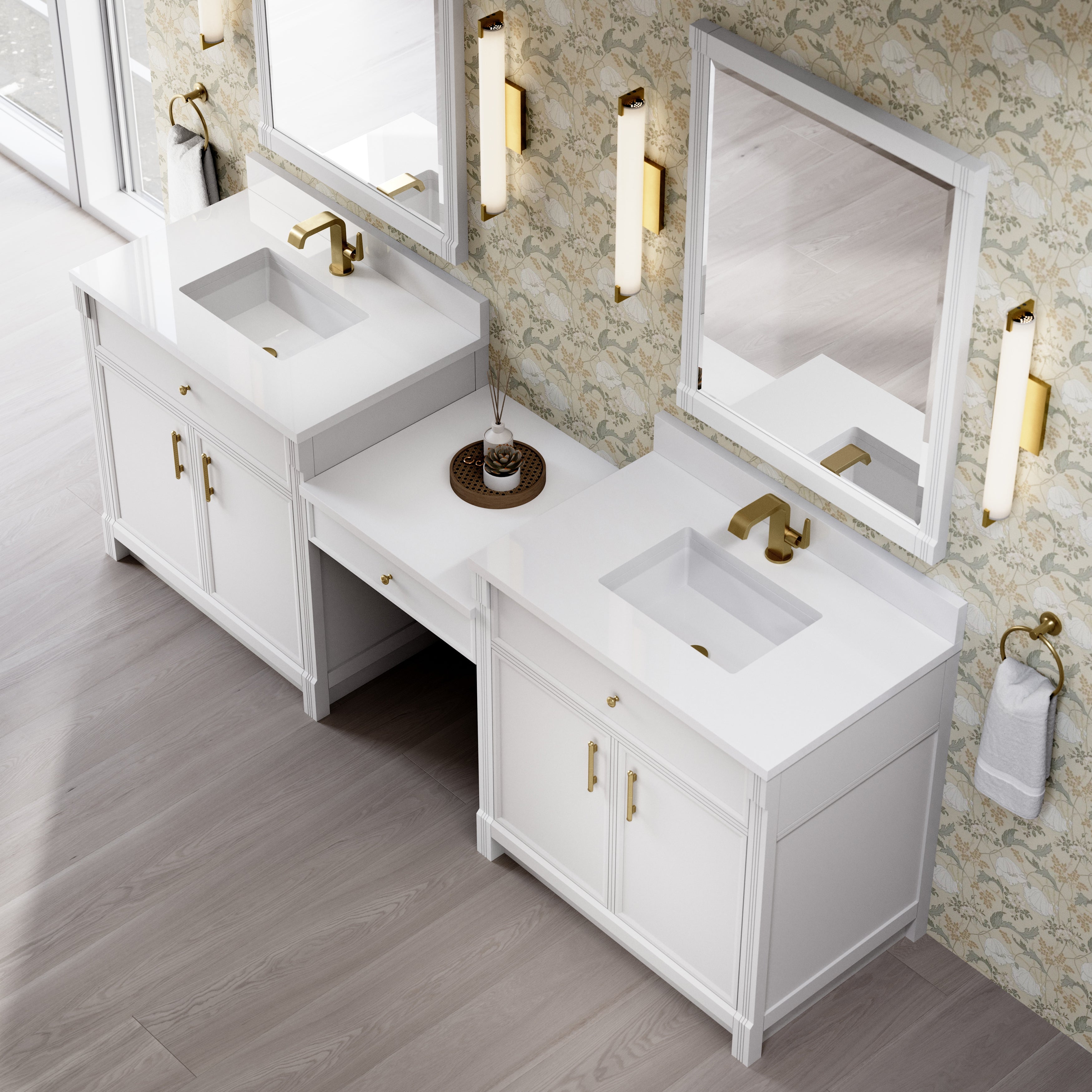 Bellshire 96" Dual Vanity Set with 24" Make-Up Counter - 3cm Stone Top