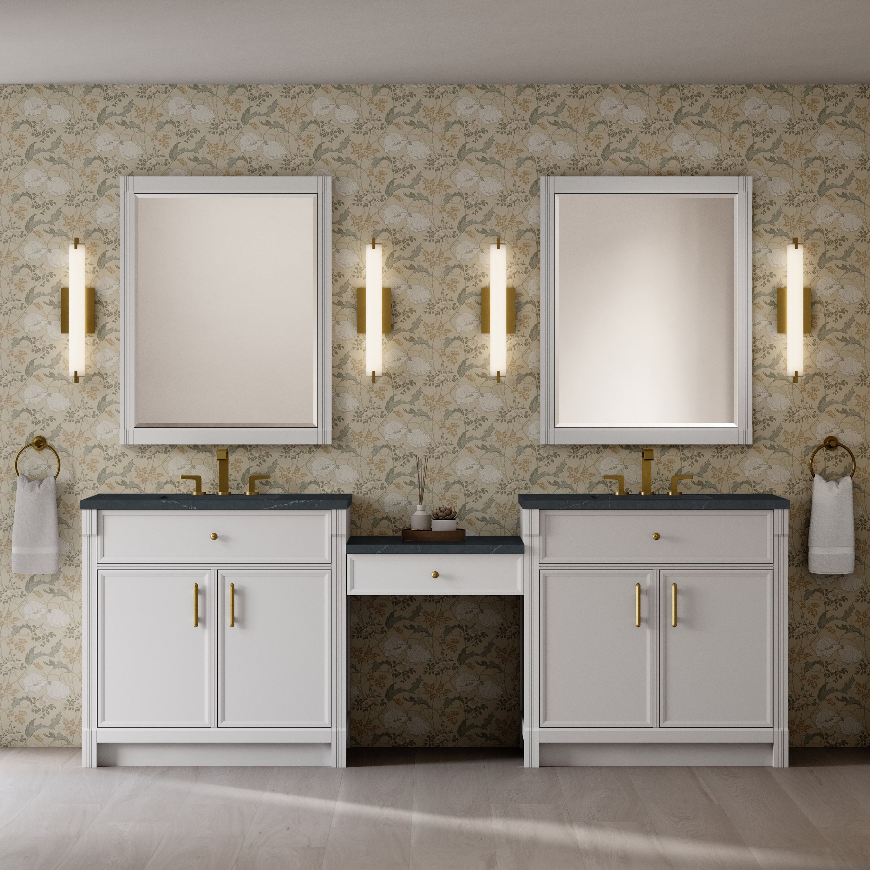 Bellshire 96" Dual Vanity Set with 24" Make-Up Counter - 3cm Stone Top