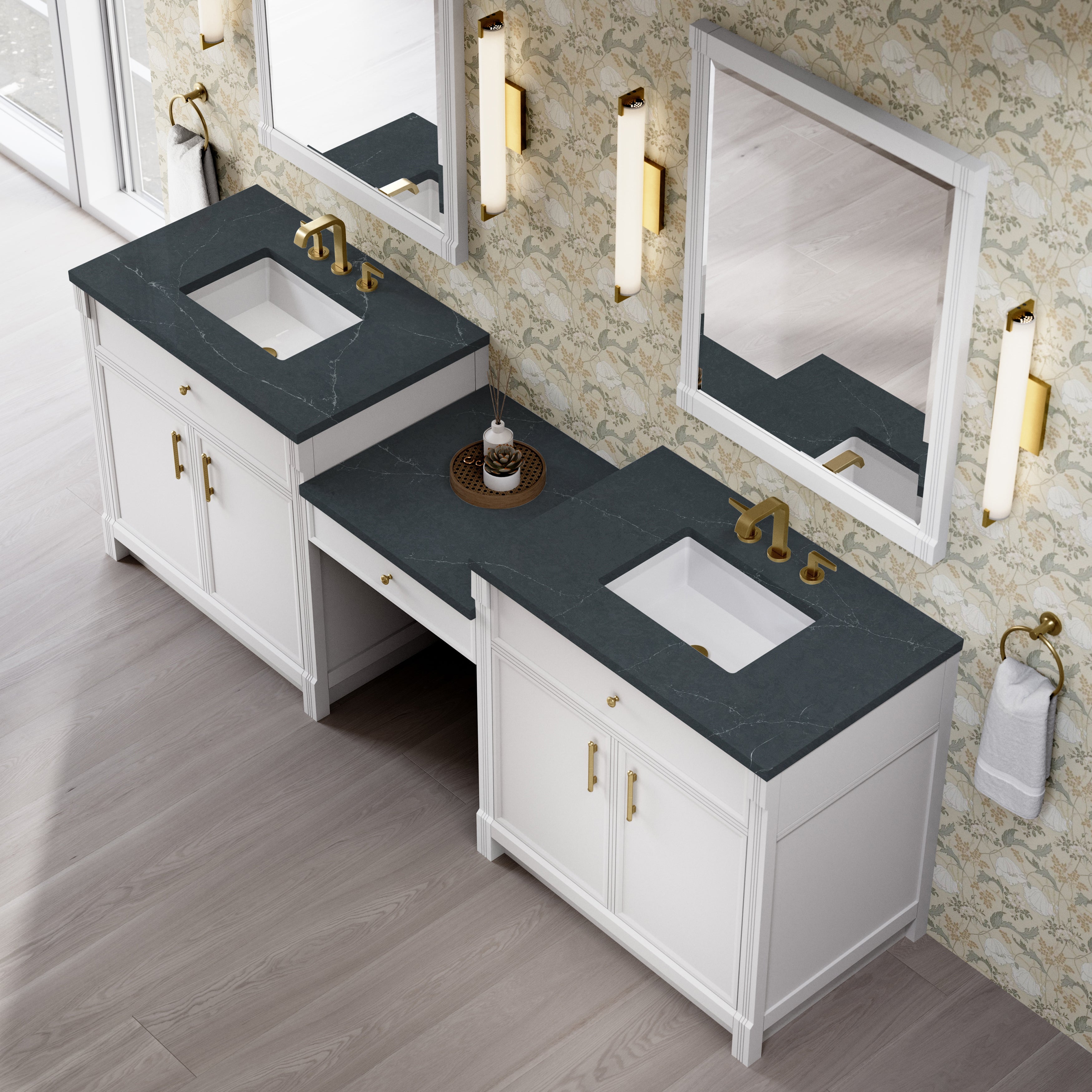 Bellshire 96" Dual Vanity Set with 24" Make-Up Counter - 3cm Stone Top