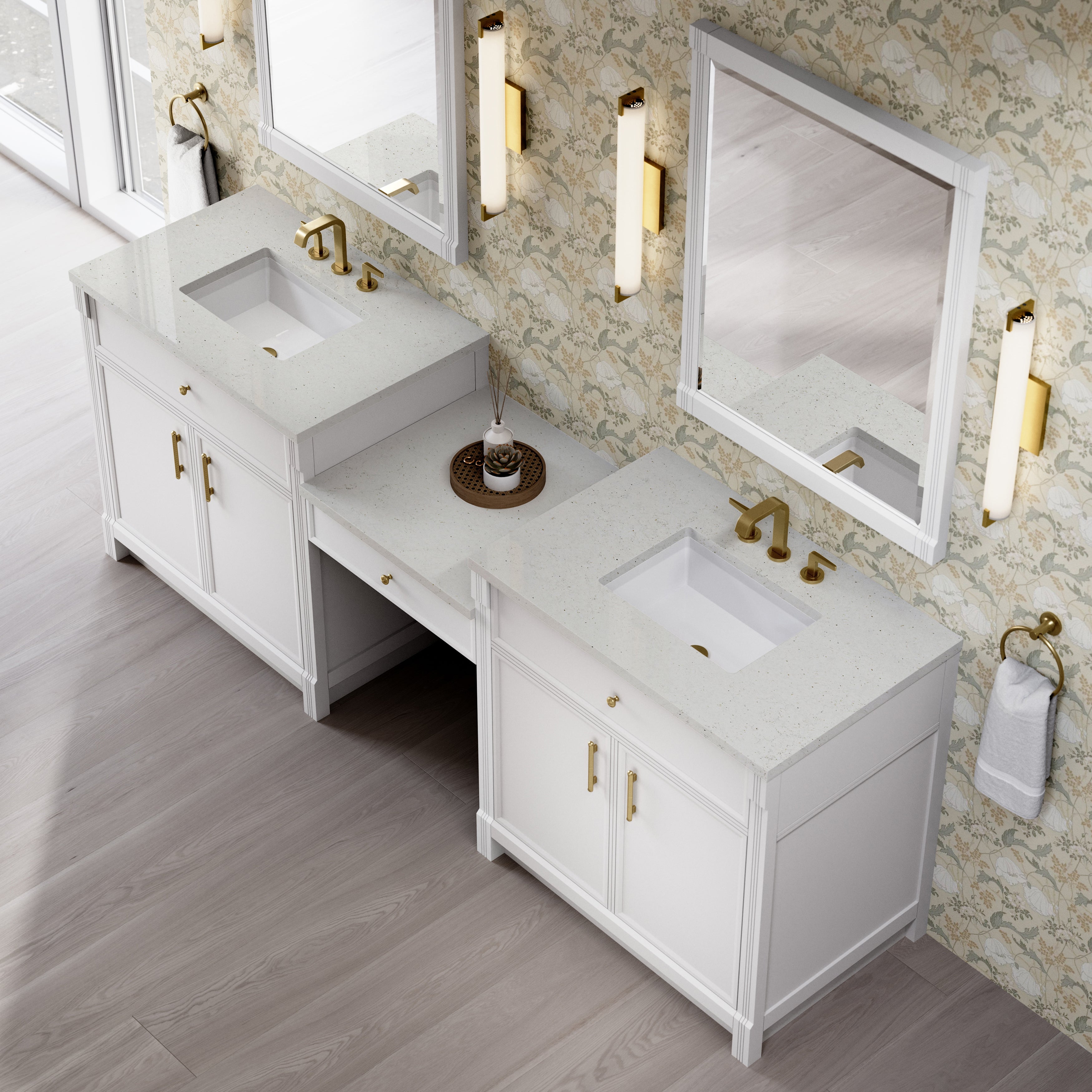 Bellshire 96" Dual Vanity Set with 24" Make-Up Counter - 3cm Stone Top