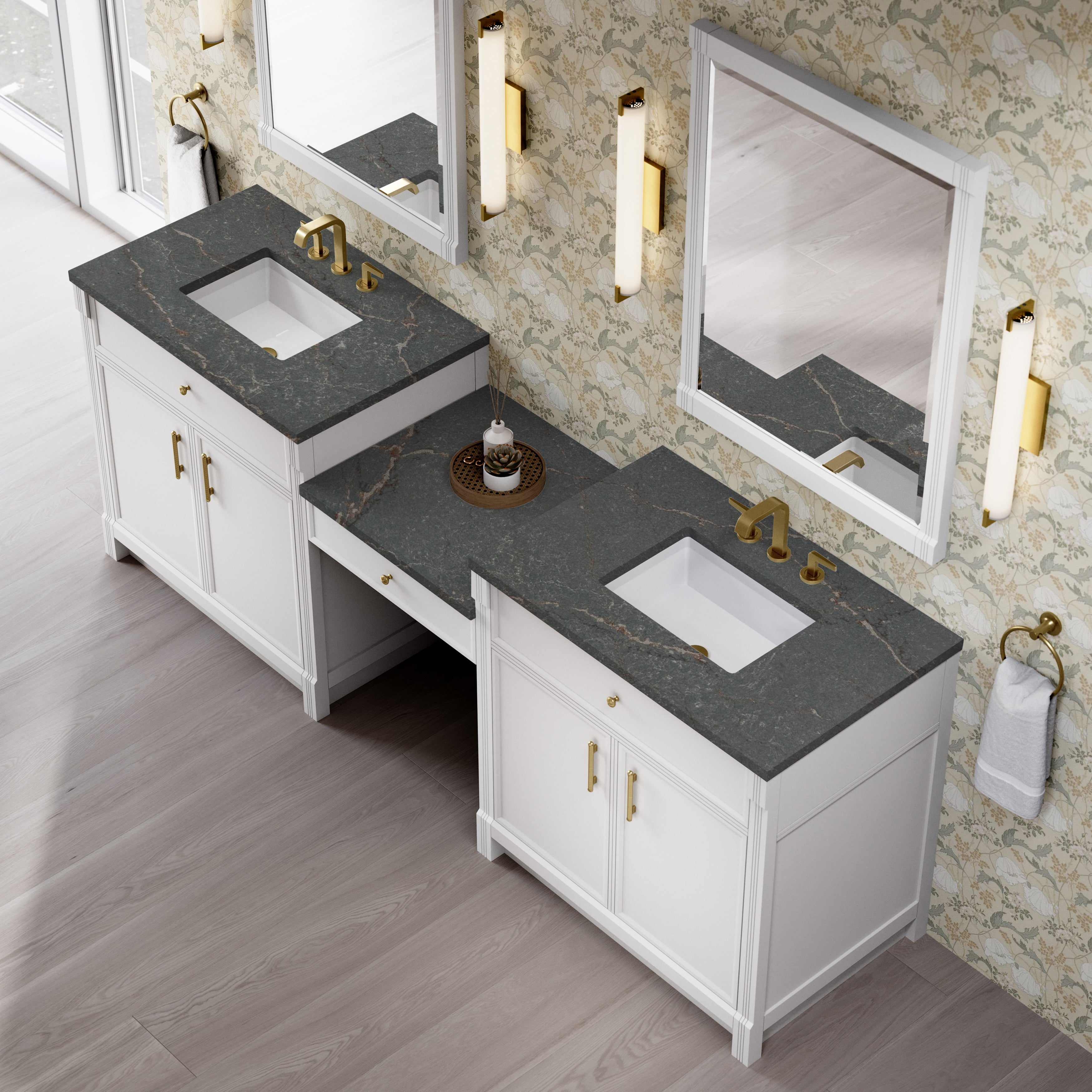 Bellshire 96" Dual Vanity Set with 24" Make-Up Counter - 3cm Stone Top