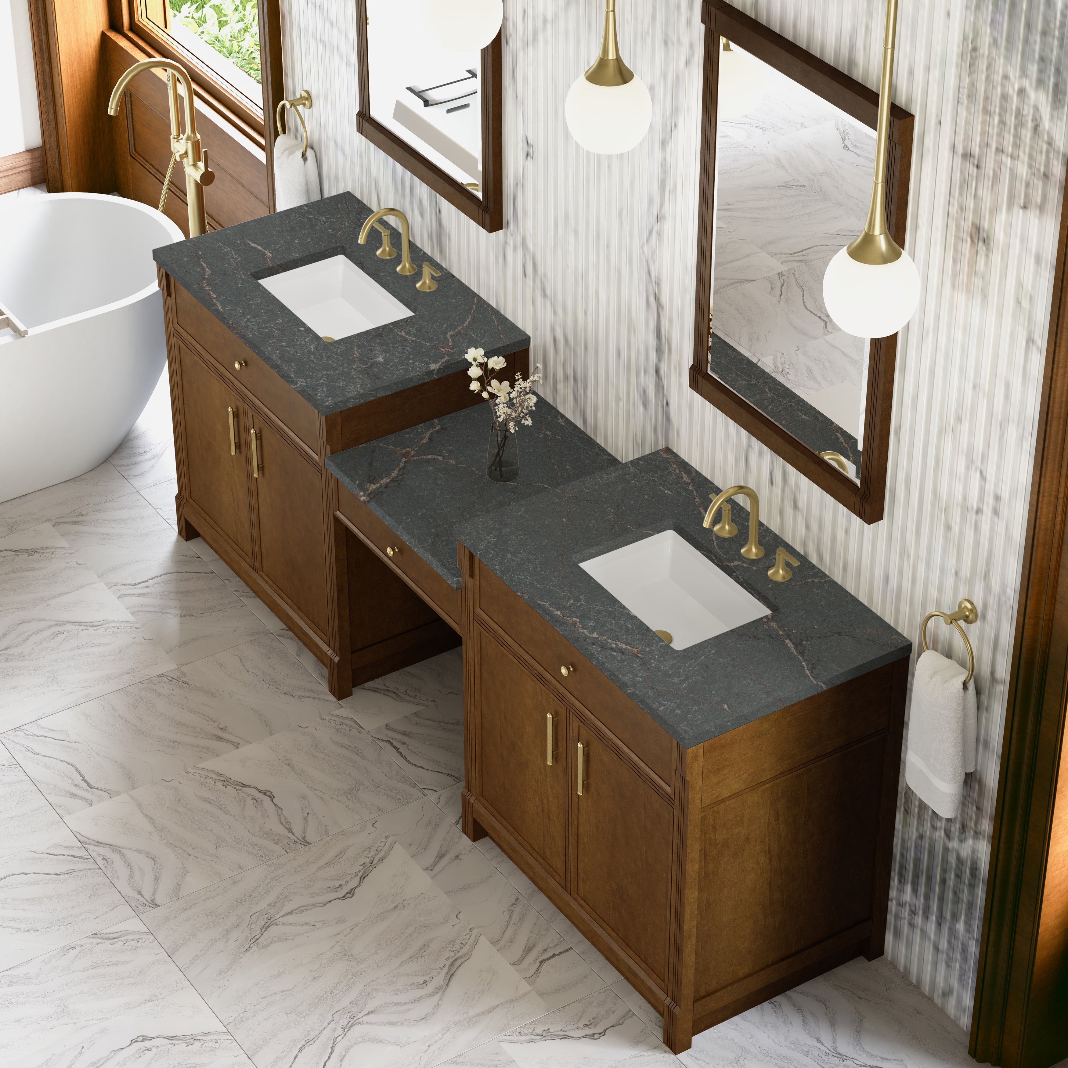 Bellshire 96" Dual Vanity Set with 24" Make-Up Counter - 3cm Stone Top