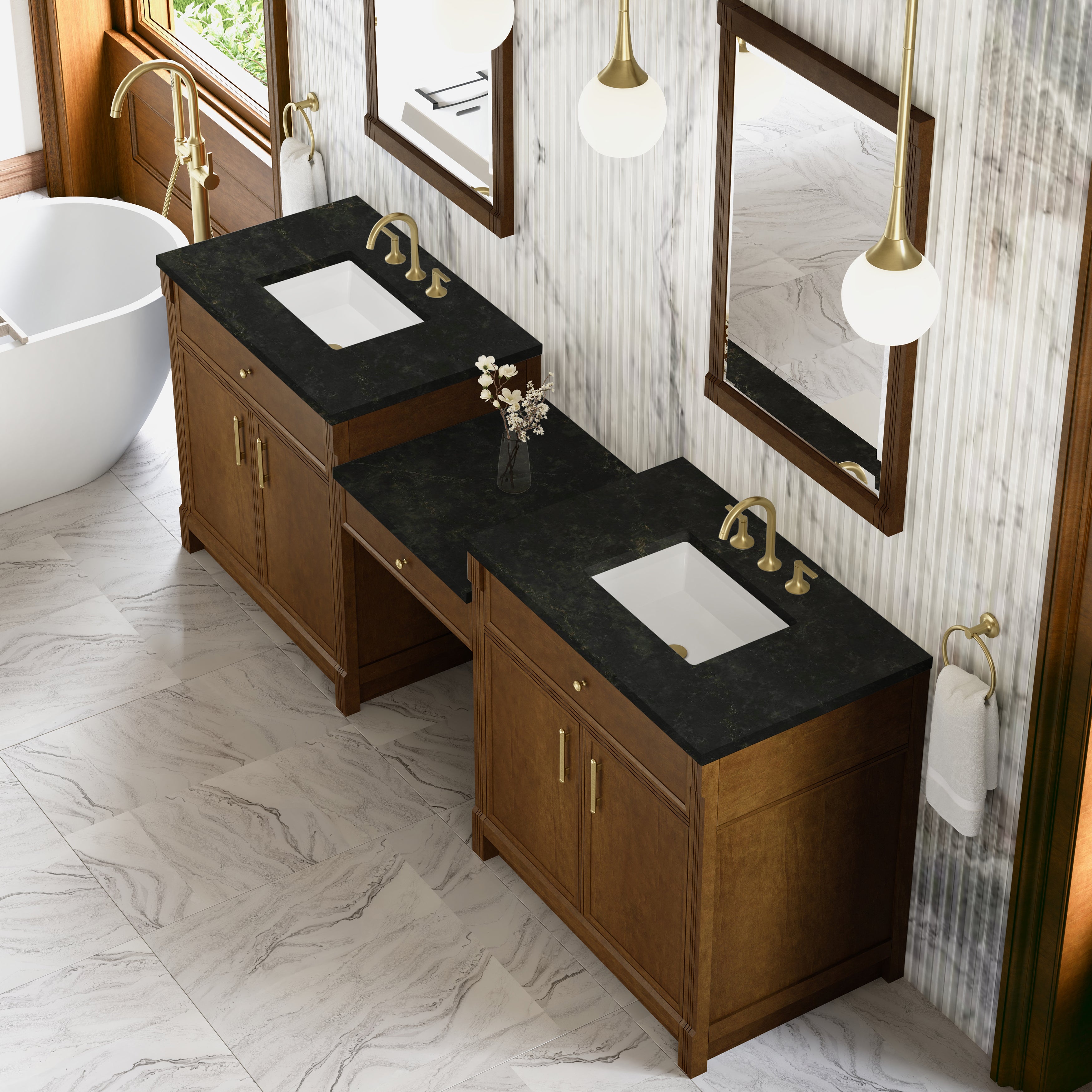 Bellshire 96" Dual Vanity Set with 24" Make-Up Counter - 3cm Stone Top