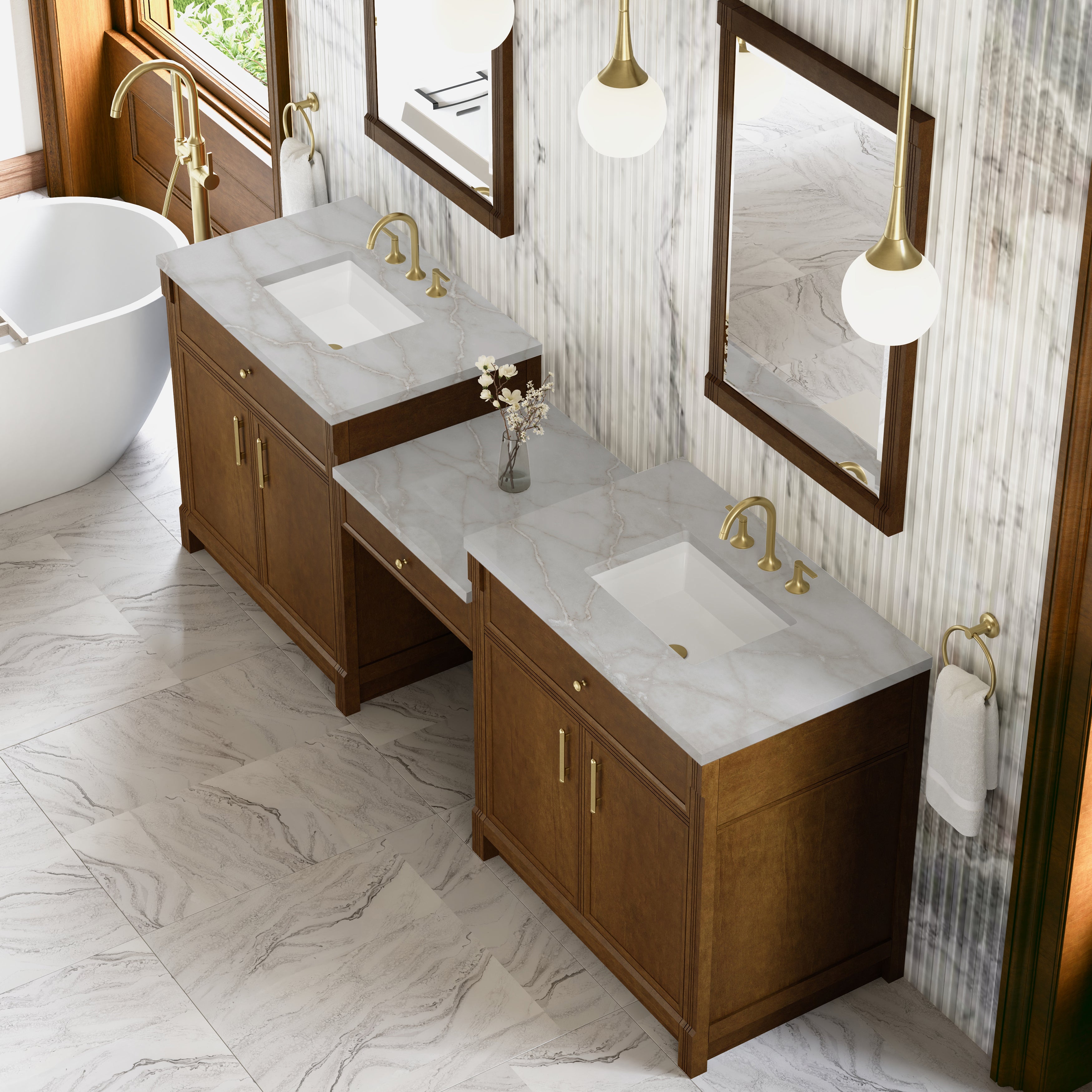 Bellshire 96" Dual Vanity Set with 24" Make-Up Counter - 3cm Stone Top