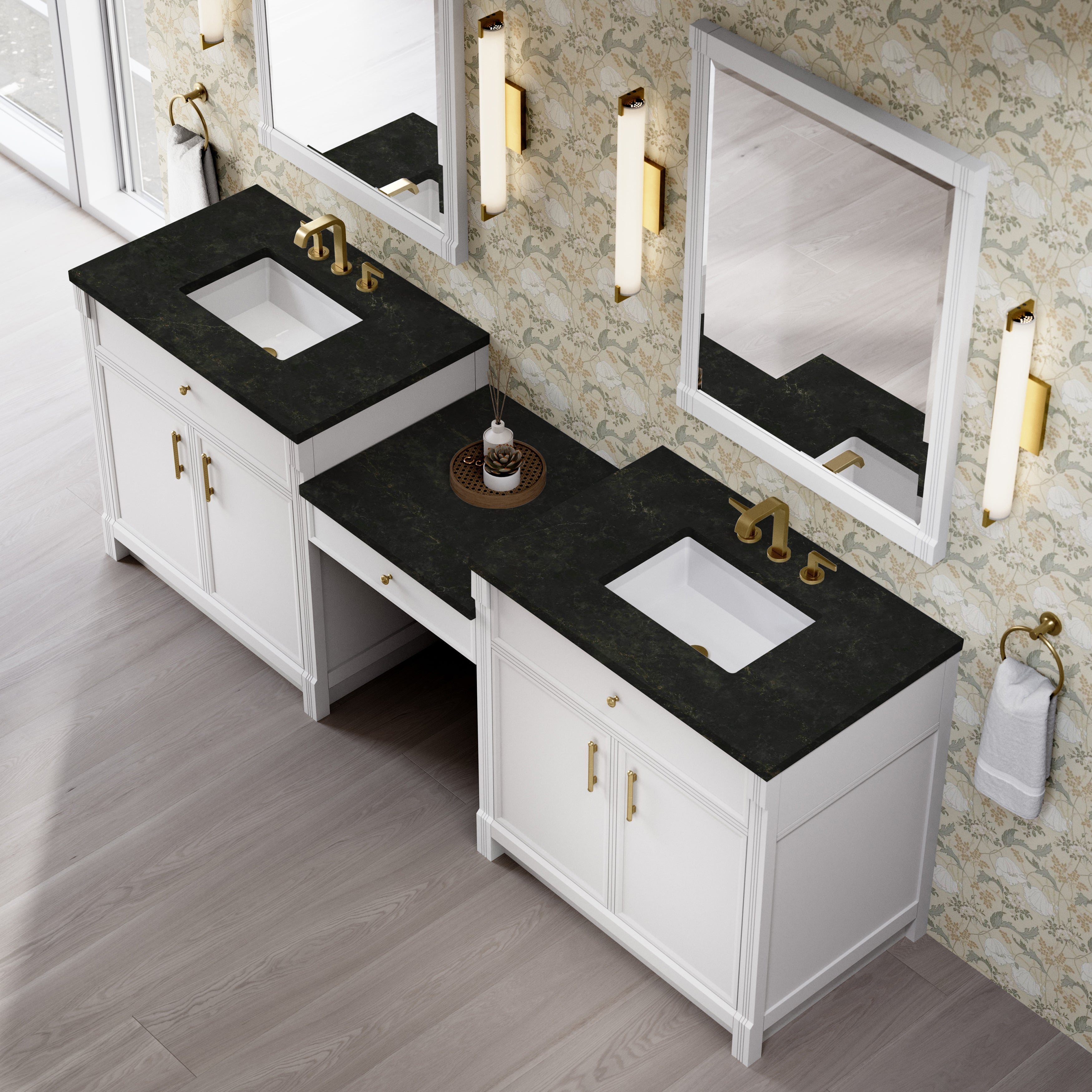 Bellshire 96" Dual Vanity Set with 24" Make-Up Counter - 3cm Stone Top