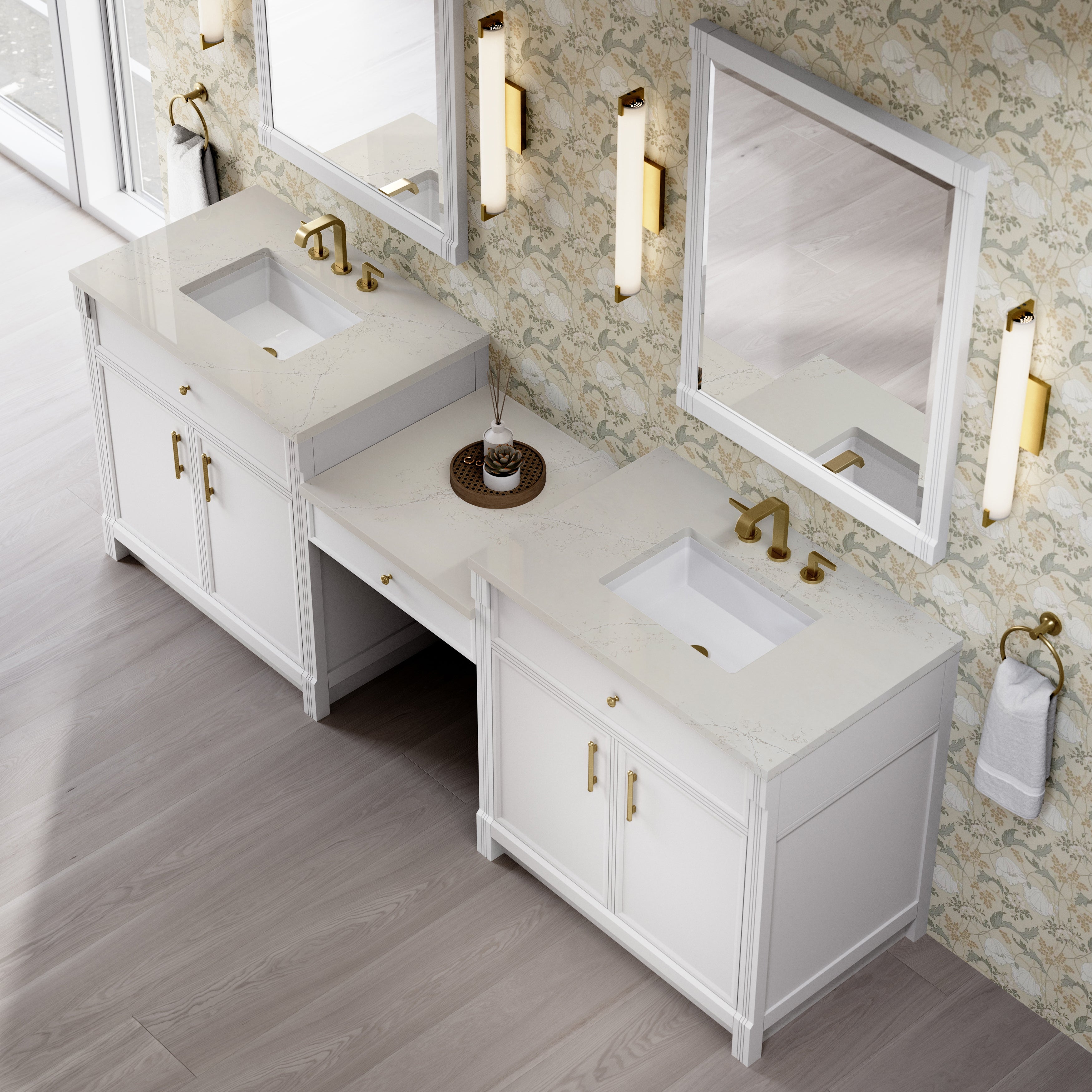 Bellshire 96" Dual Vanity Set with 24" Make-Up Counter - 3cm Stone Top