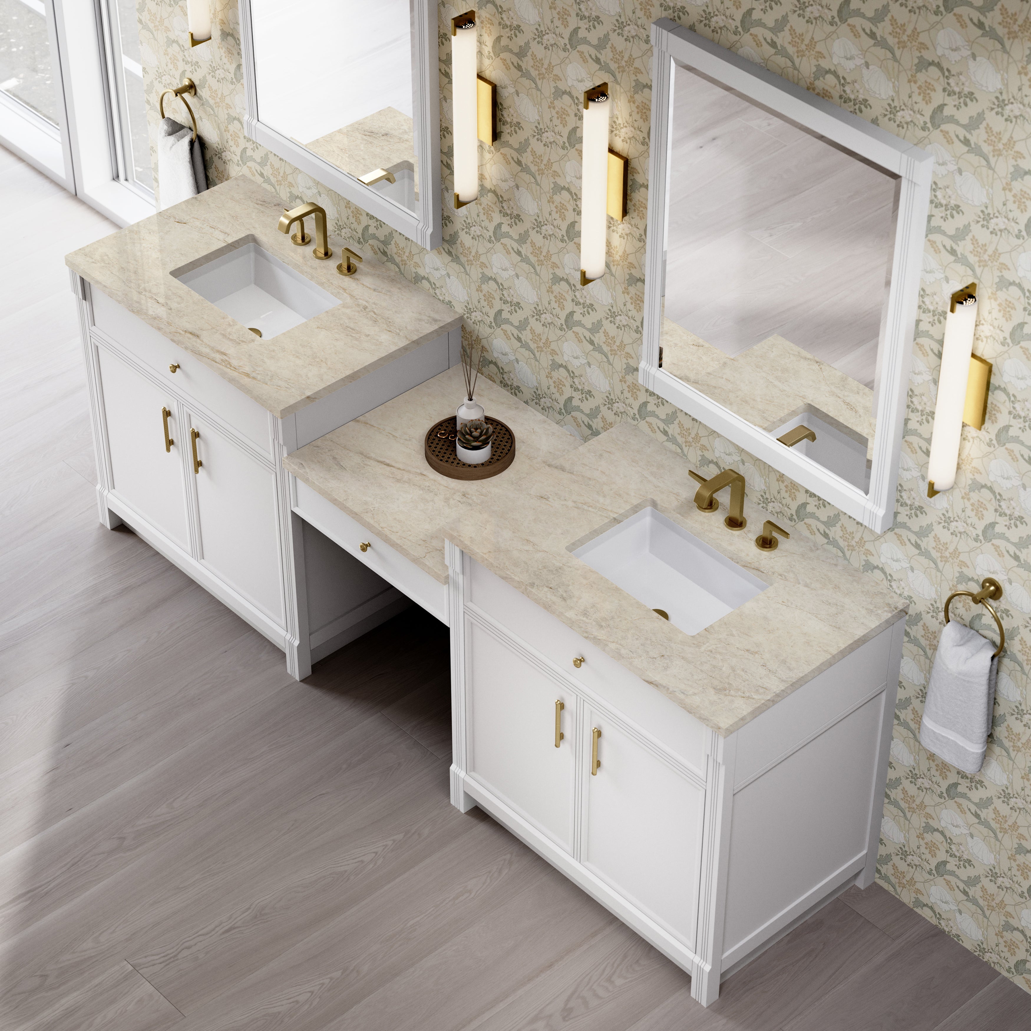 Bellshire 96" Dual Vanity Set with 24" Make-Up Counter - 3cm Stone Top