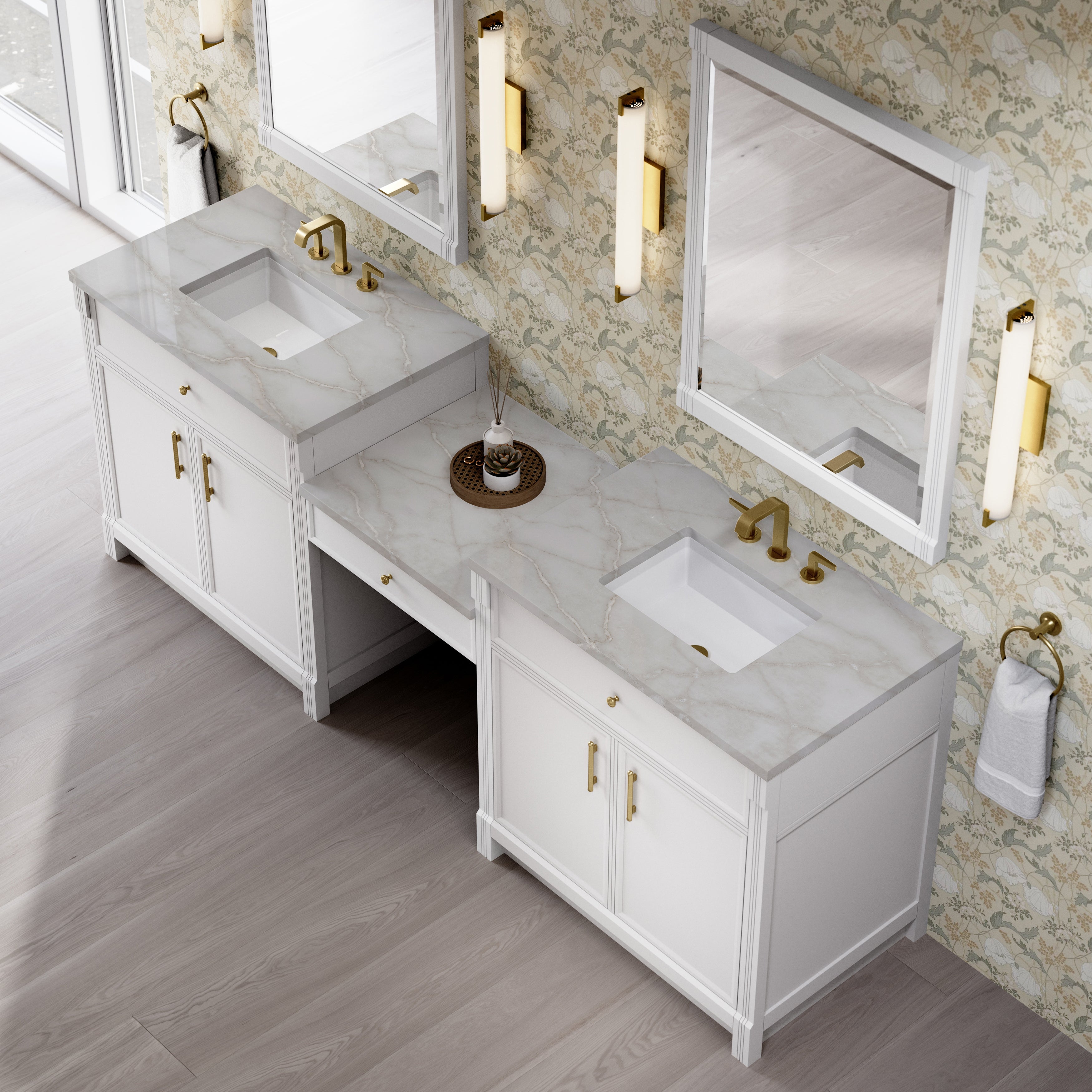 Bellshire 96" Dual Vanity Set with 24" Make-Up Counter - 3cm Stone Top