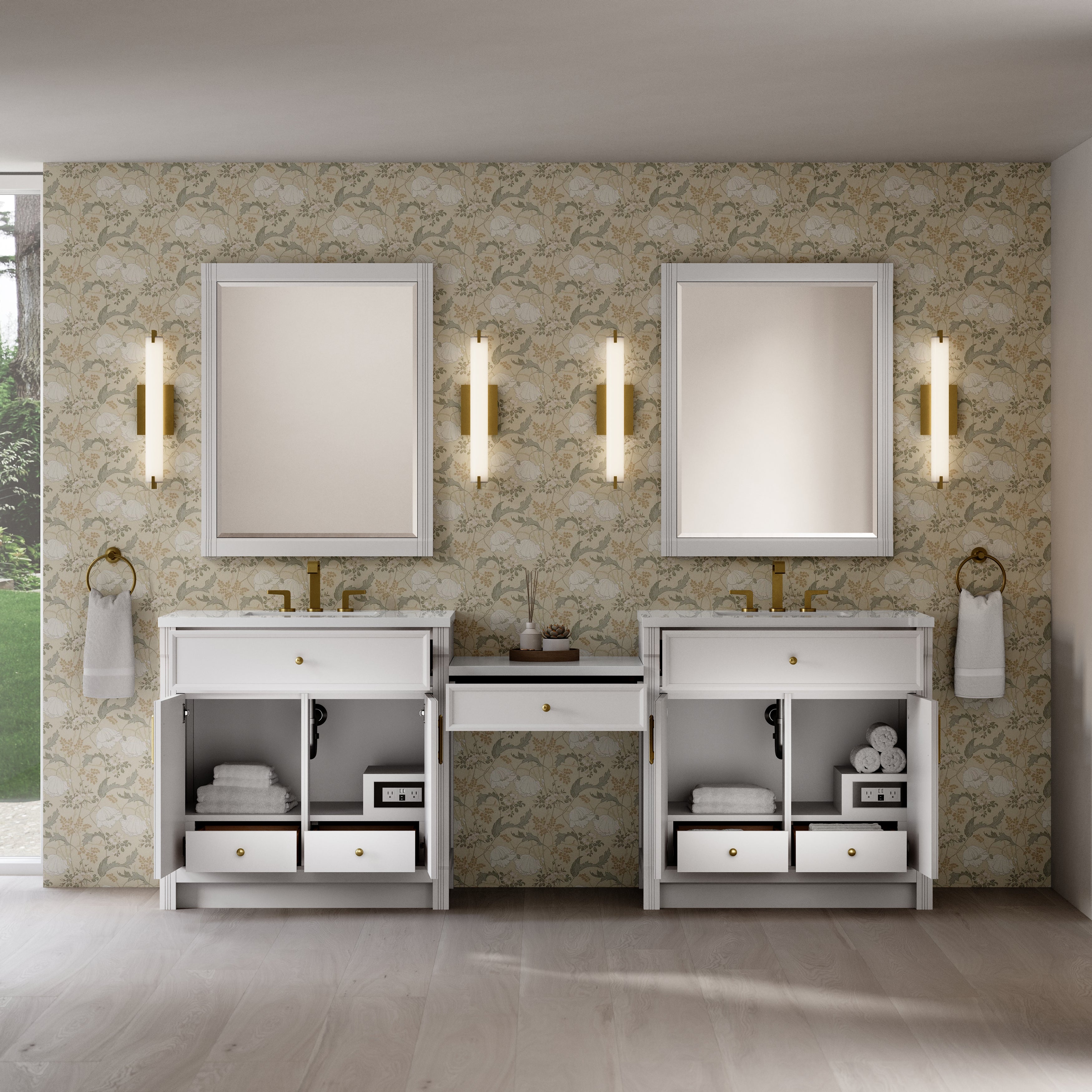 Bellshire 96" Dual Vanity Set with 24" Make-Up Counter - 3cm Stone Top