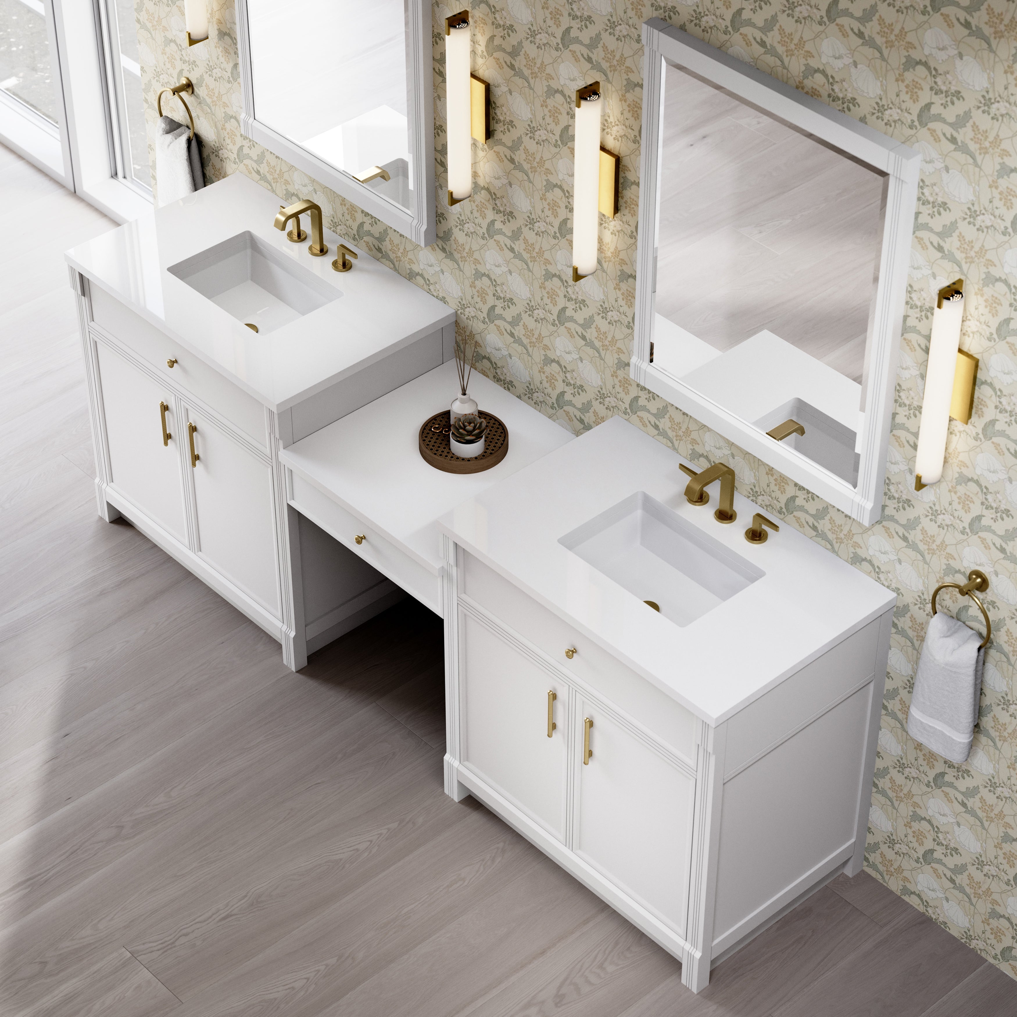 Bellshire 96" Dual Vanity Set with 24" Make-Up Counter - 3cm Stone Top