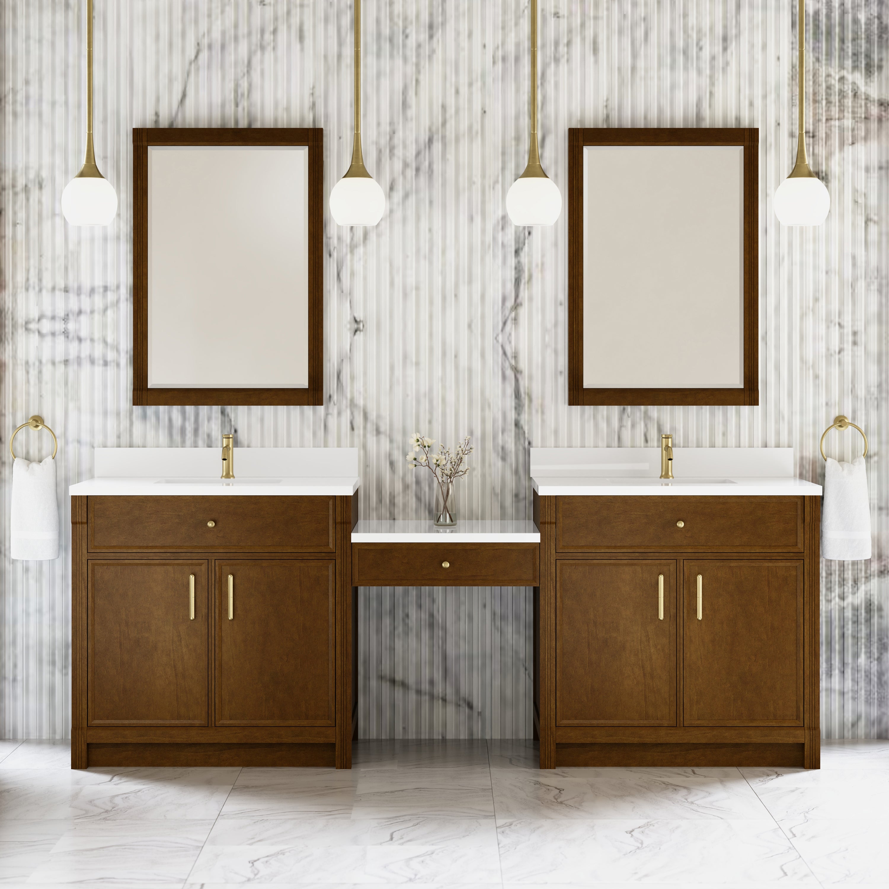 Bellshire 96" Dual Vanity Set with 24" Make-Up Counter - 3cm Stone Top