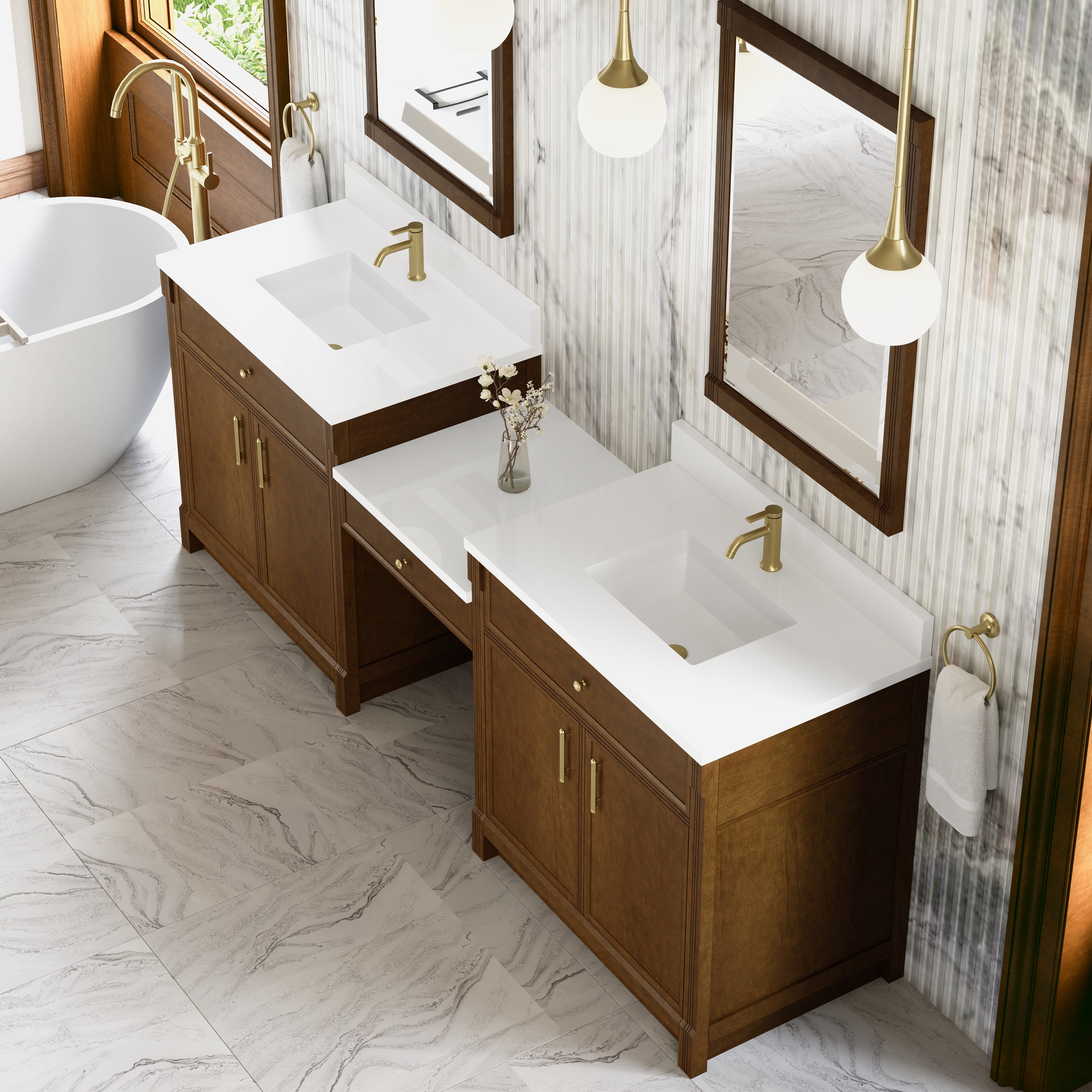Bellshire 96" Dual Vanity Set with 24" Make-Up Counter - 3cm Stone Top