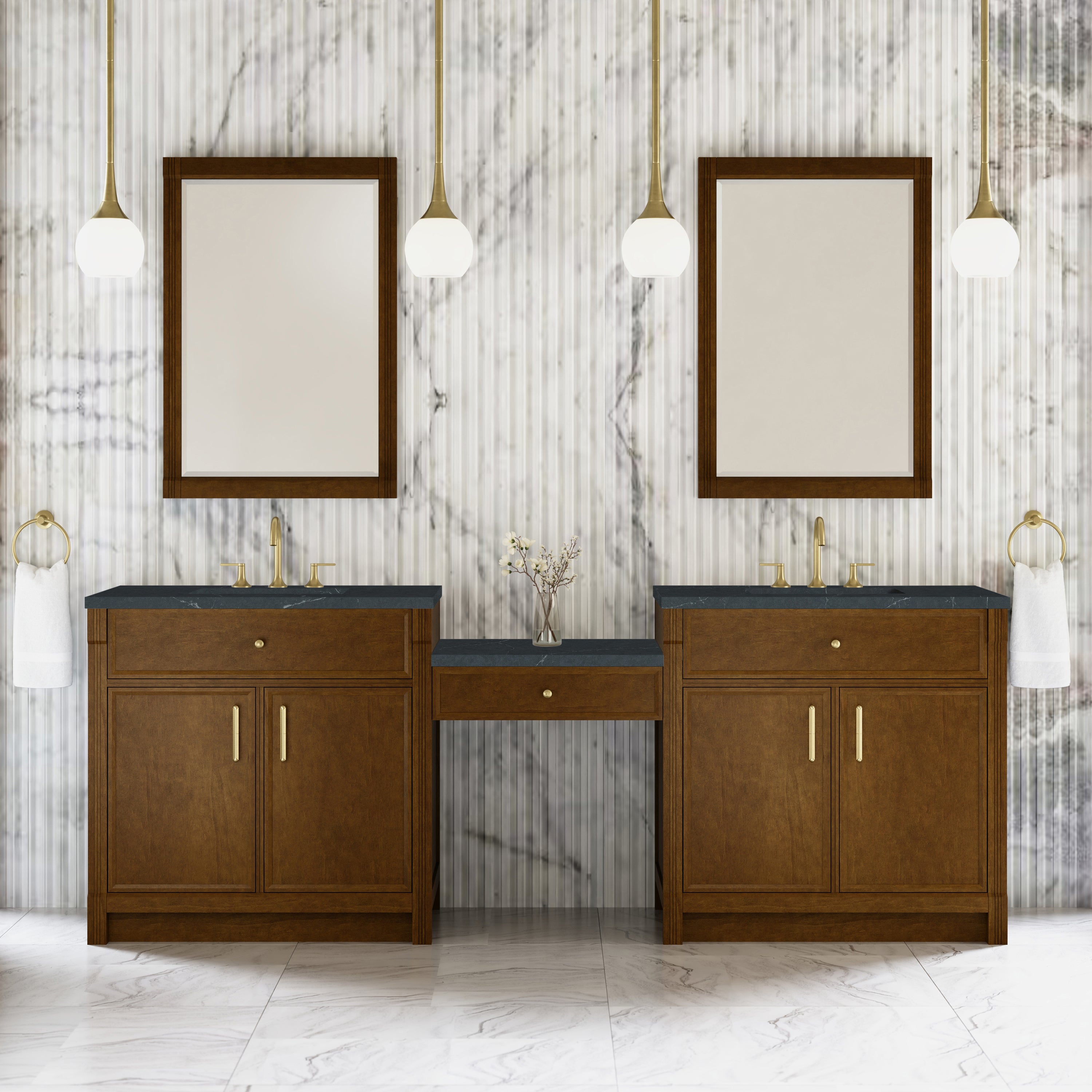 Bellshire 96" Dual Vanity Set with 24" Make-Up Counter - 3cm Stone Top