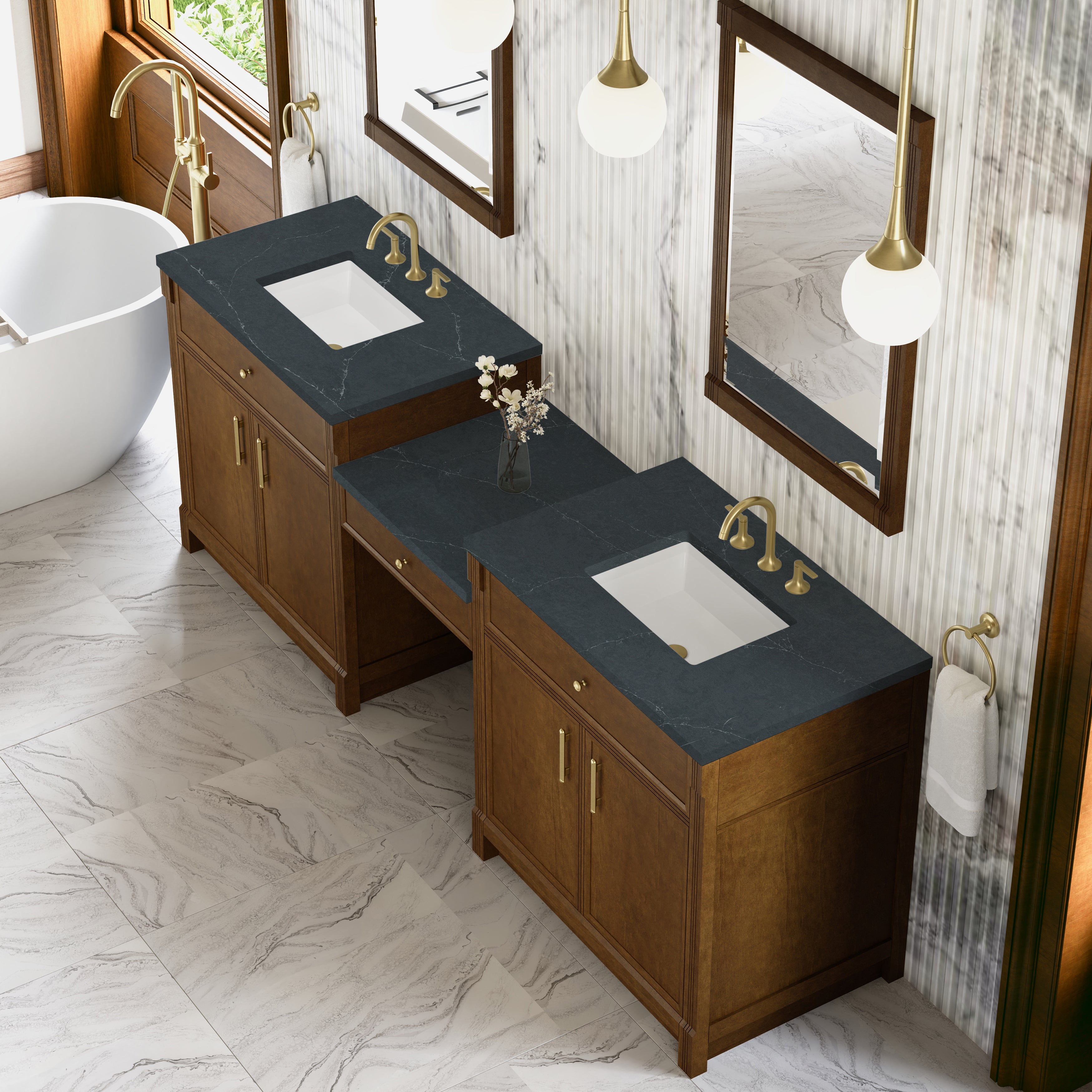 Bellshire 96" Dual Vanity Set with 24" Make-Up Counter - 3cm Stone Top
