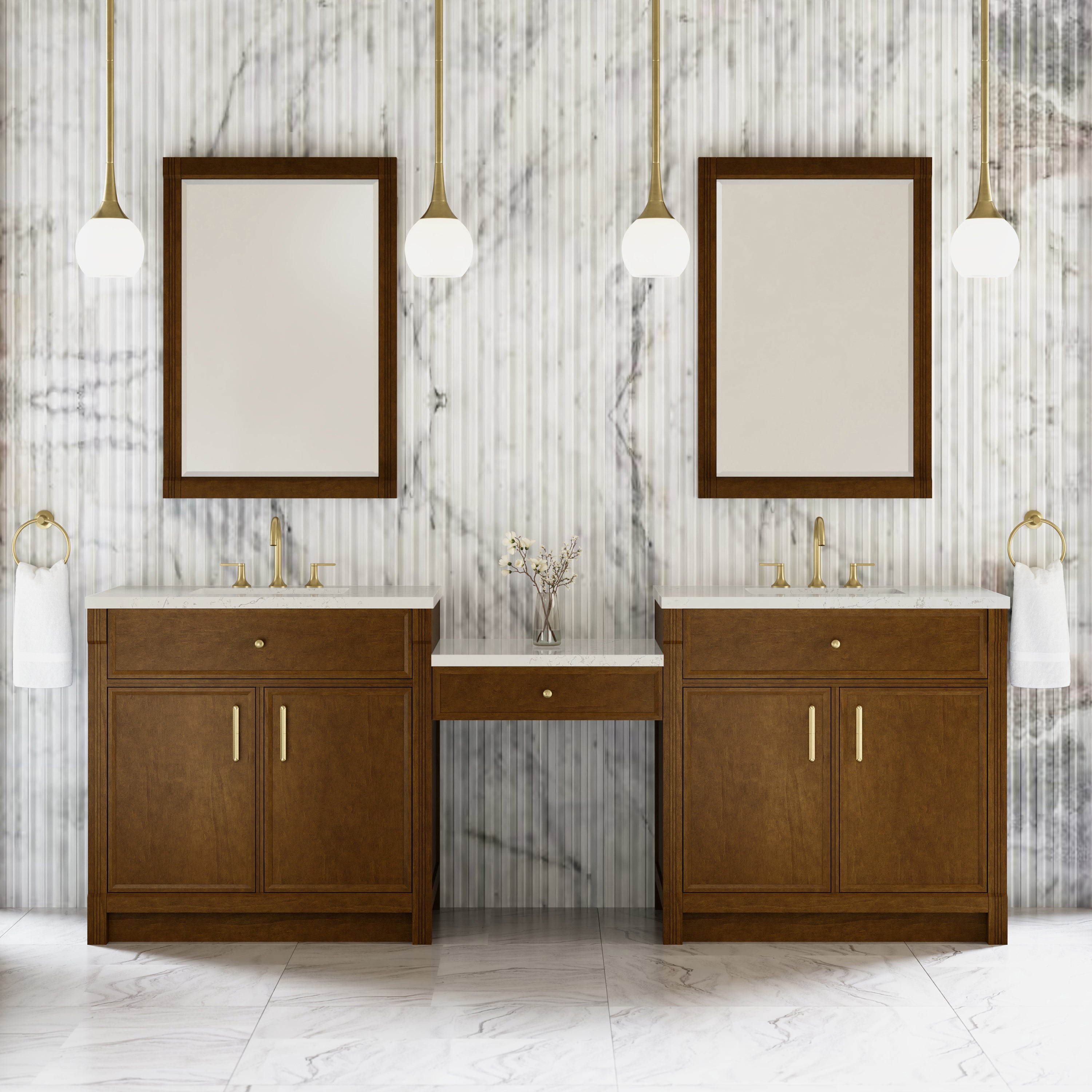 Bellshire 96" Dual Vanity Set with 24" Make-Up Counter - 3cm Stone Top