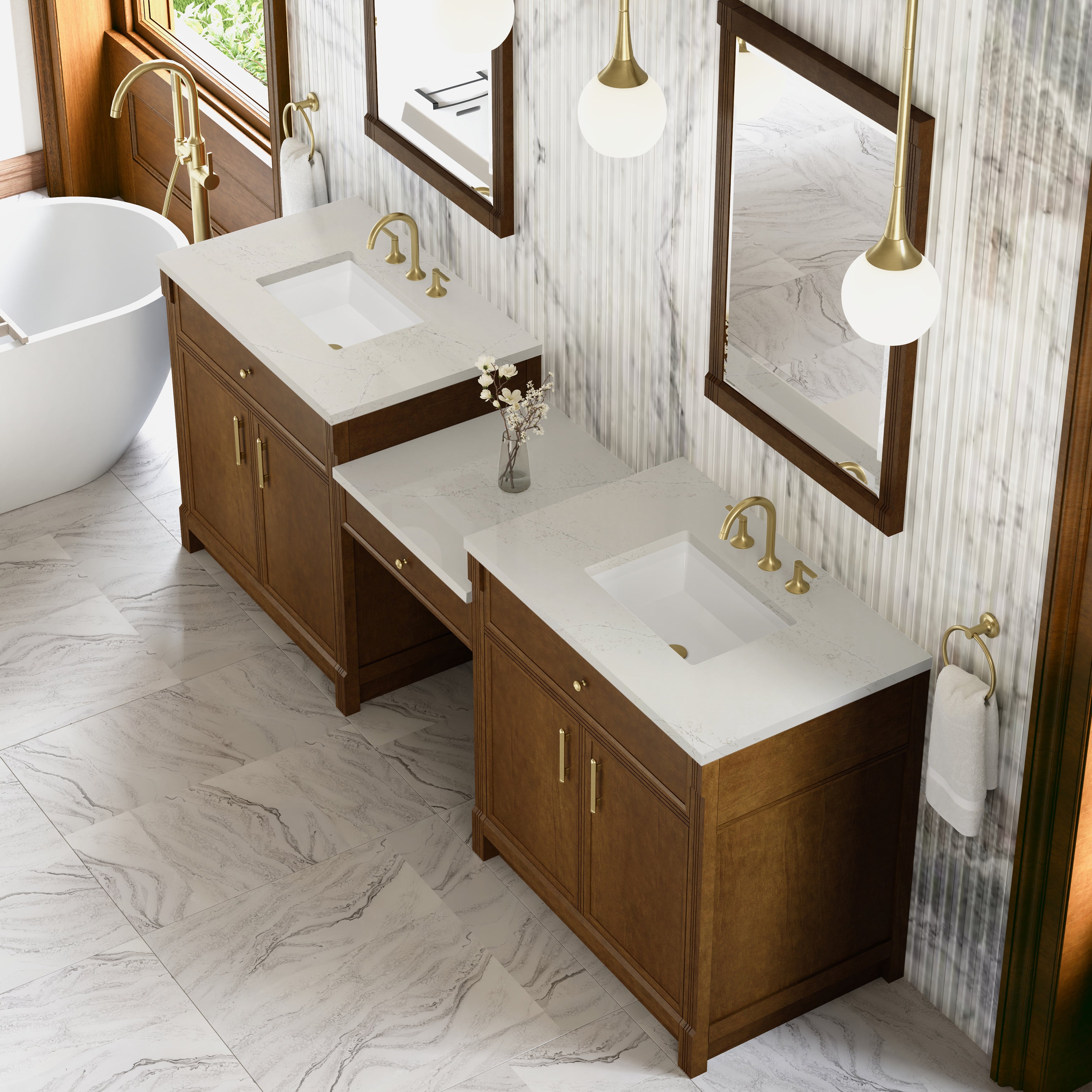 Bellshire 96" Dual Vanity Set with 24" Make-Up Counter - 3cm Stone Top