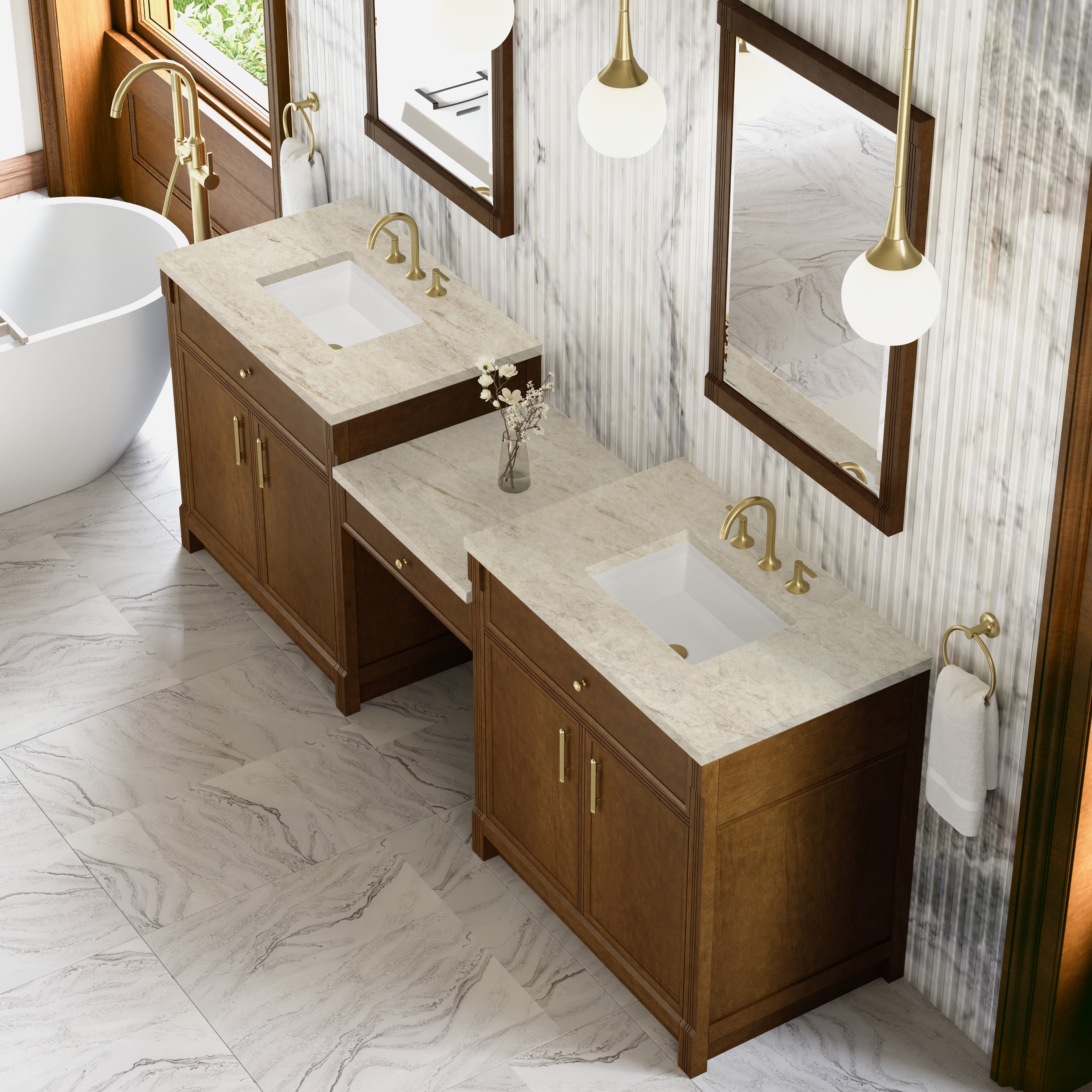 Bellshire 96" Dual Vanity Set with 24" Make-Up Counter - 3cm Stone Top