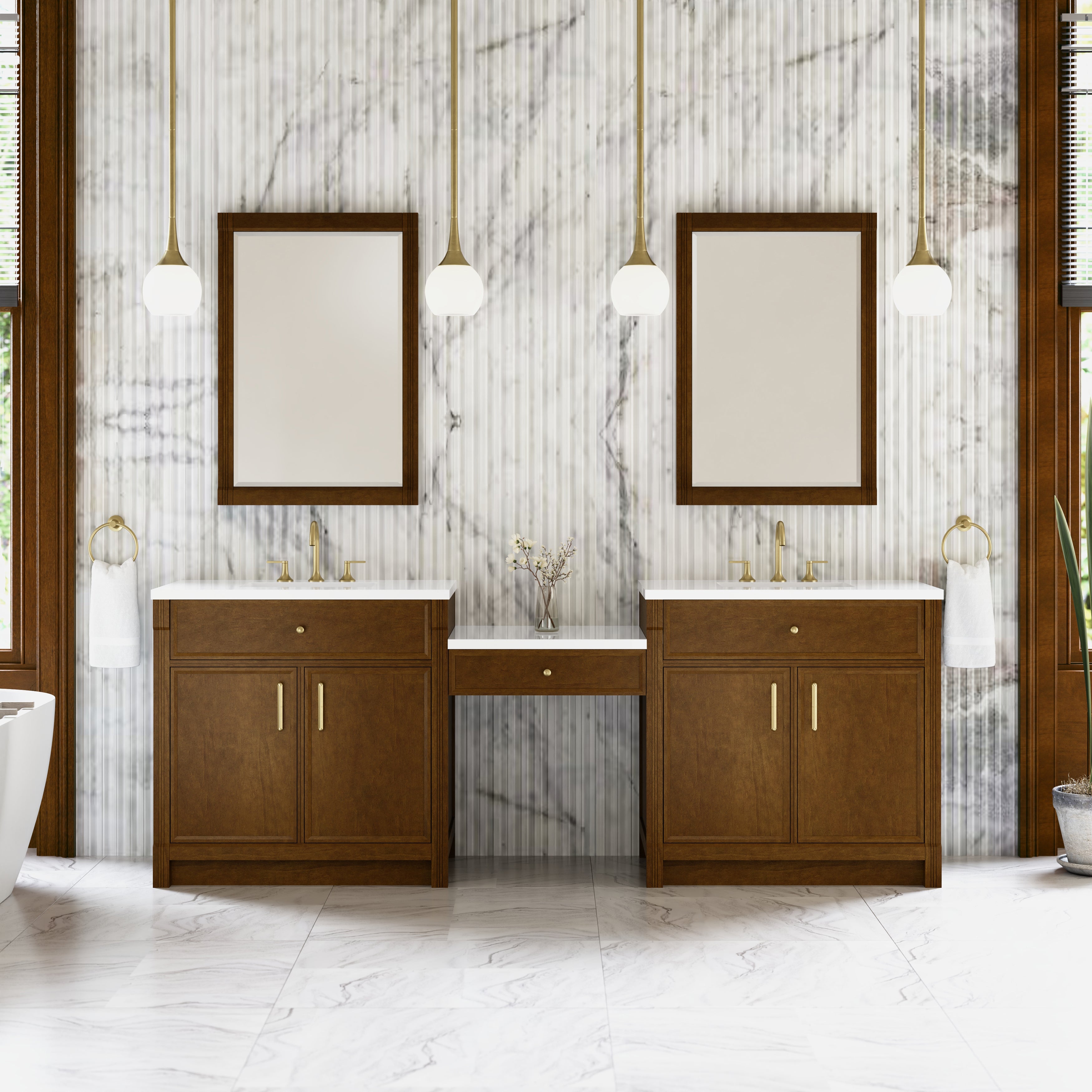 Bellshire 96" Dual Vanity Set with 24" Make-Up Counter - 3cm Stone Top