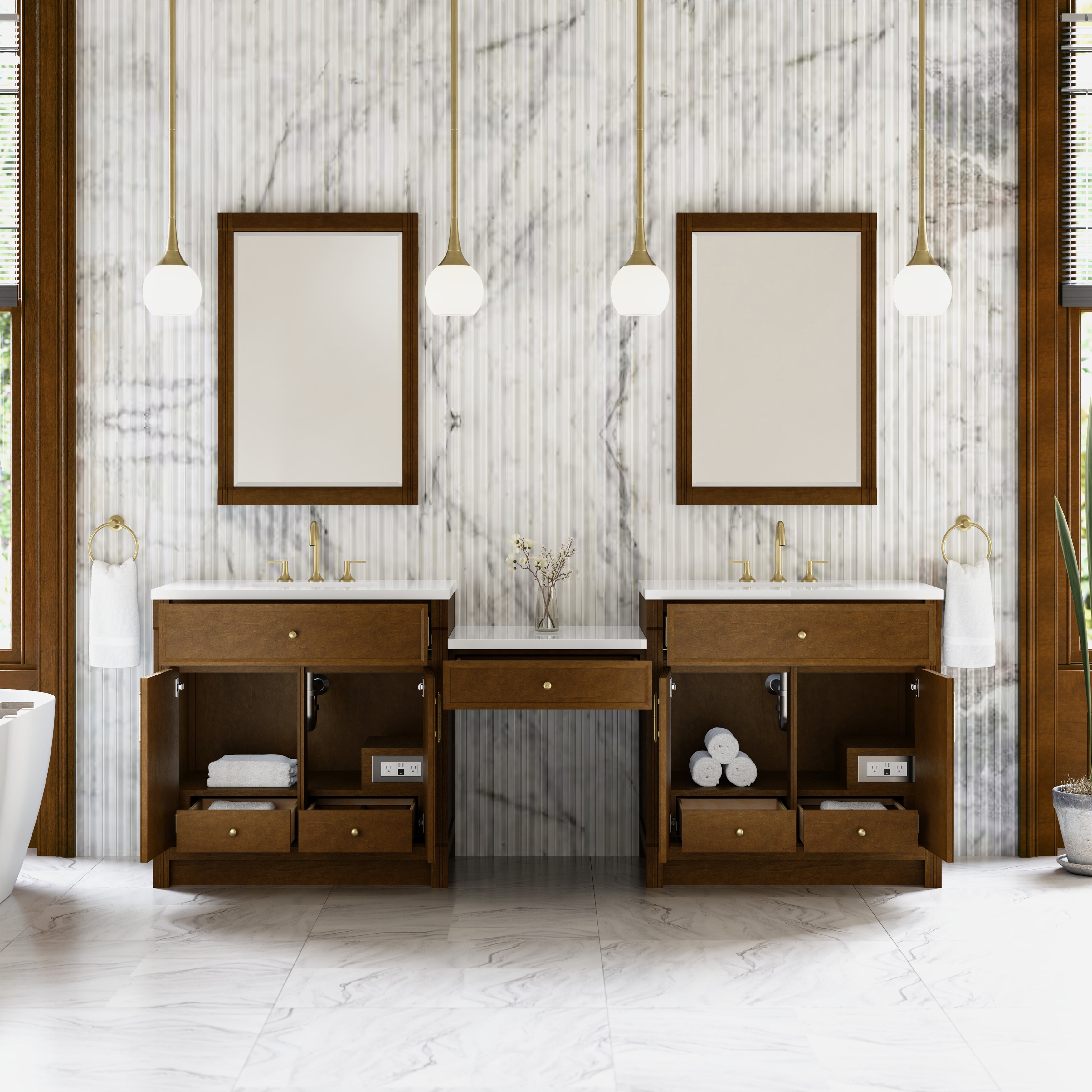 Bellshire 96" Dual Vanity Set with 24" Make-Up Counter - 3cm Stone Top