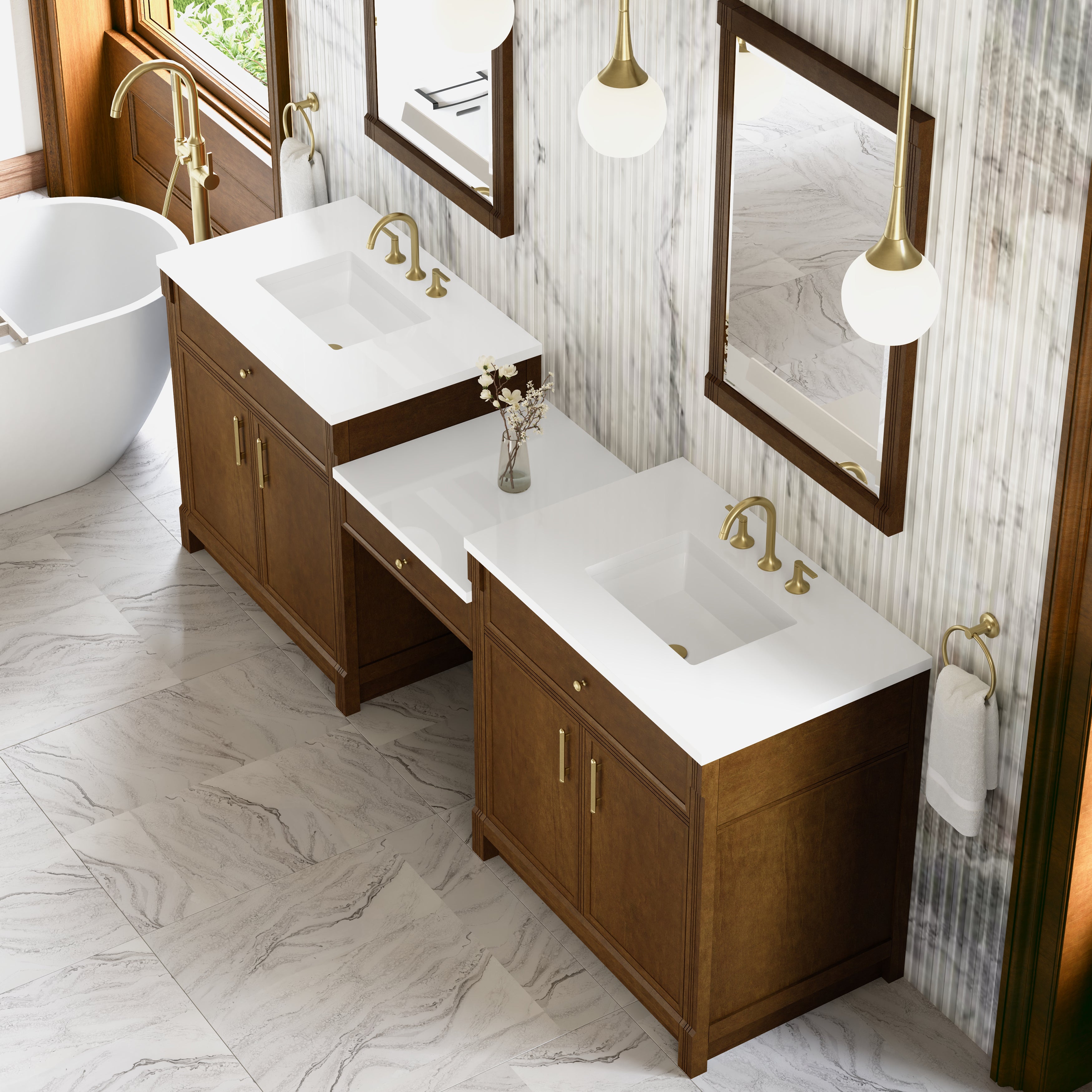 Bellshire 96" Dual Vanity Set with 24" Make-Up Counter - 3cm Stone Top